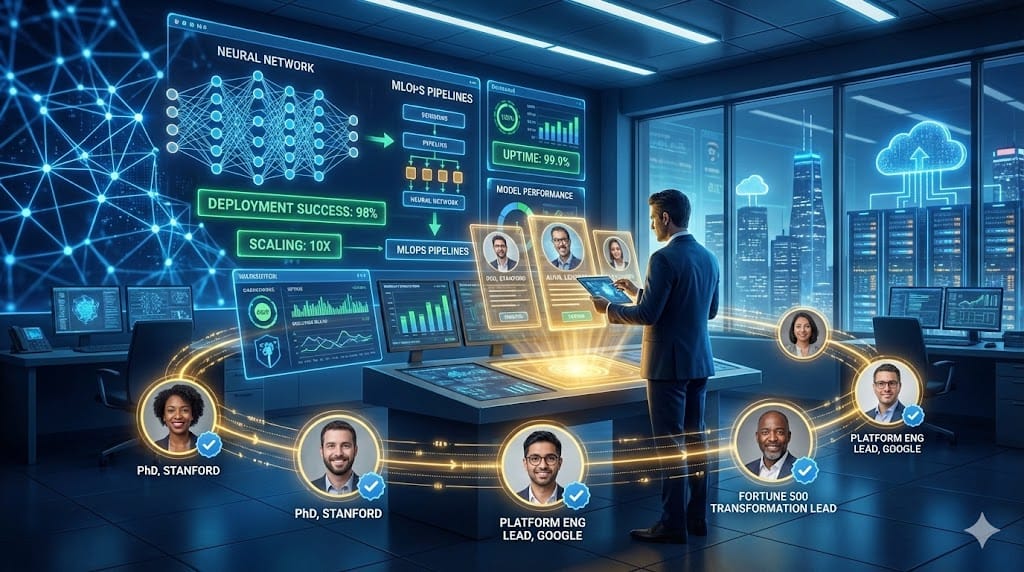 C-suite recruiter evaluating elite AI/ML platform leaders through glowing MLOps dashboards and production model metrics, symbolizing specialized executive search for transformation-ready technical leadership