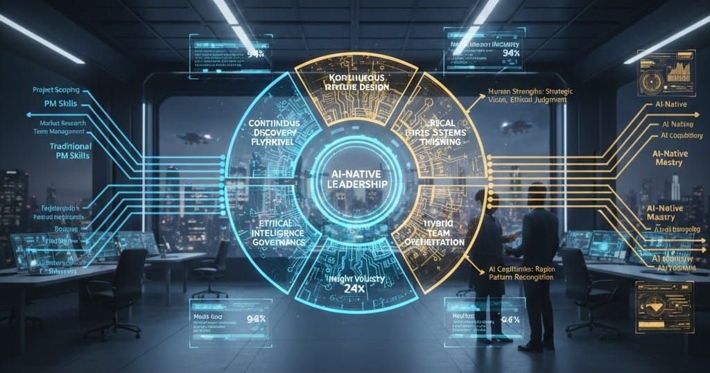 Holographic competency framework defining AI-native product leadership skills including neural architecture mastery, continuous discovery flywheels, ethical intelligence governance, and human-AI orchestration capabilities.