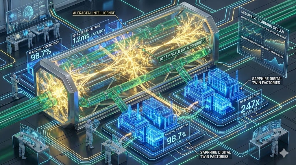 Converging AI neural pathways, IoT connectivity streams, and digital twin production holograms forming technical expertise core for Industry 4.0 leadership recruitment.