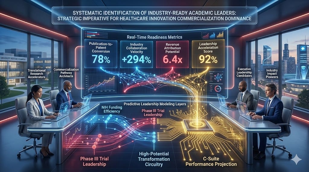 Precision analytics nexus identifying industry-ready academic leaders through translational capability scoring, commercial viability assessment, and leadership acceleration potential mapping.