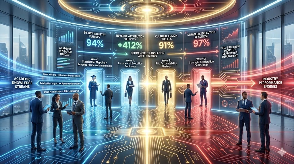 Accelerated transition accelerator fusing academic expertise with industry execution through structured 90-day onboarding frameworks, capability translation modules, and performance acceleration pathways.