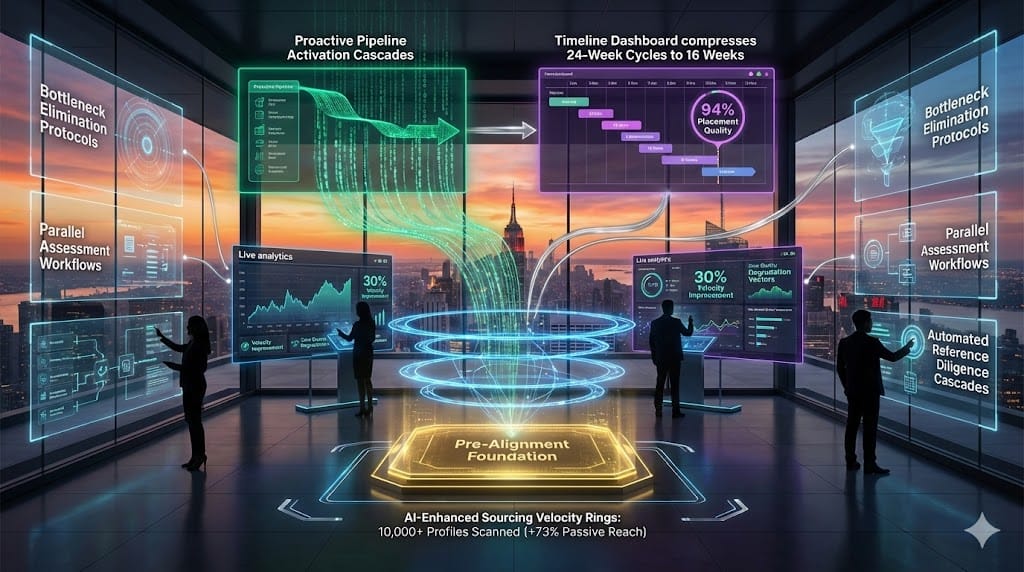 Strategic acceleration architecture—golden pre-alignment foundation (stakeholder consensus Day 1), blue AI sourcing velocity rings (+73% passive reach), emerald pipeline activation cascades, purple decision cadence dashboard ensuring quality preservation at velocity.