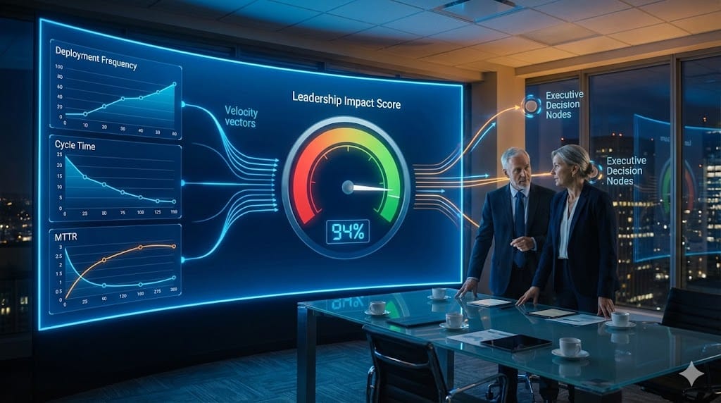 Command center dashboard evaluating C-level leadership effectiveness through accelerating Agile and DevOps transformation metrics like deployment frequency, cycle time reduction, and mean time to recovery