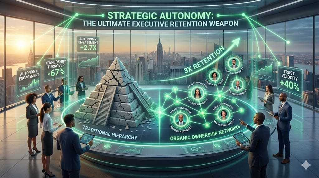 Empowered tech executives embracing ownership models with surging retention graphs, contrasting against traditional control structures, illustrating how autonomy multiplies C-suite loyalty
