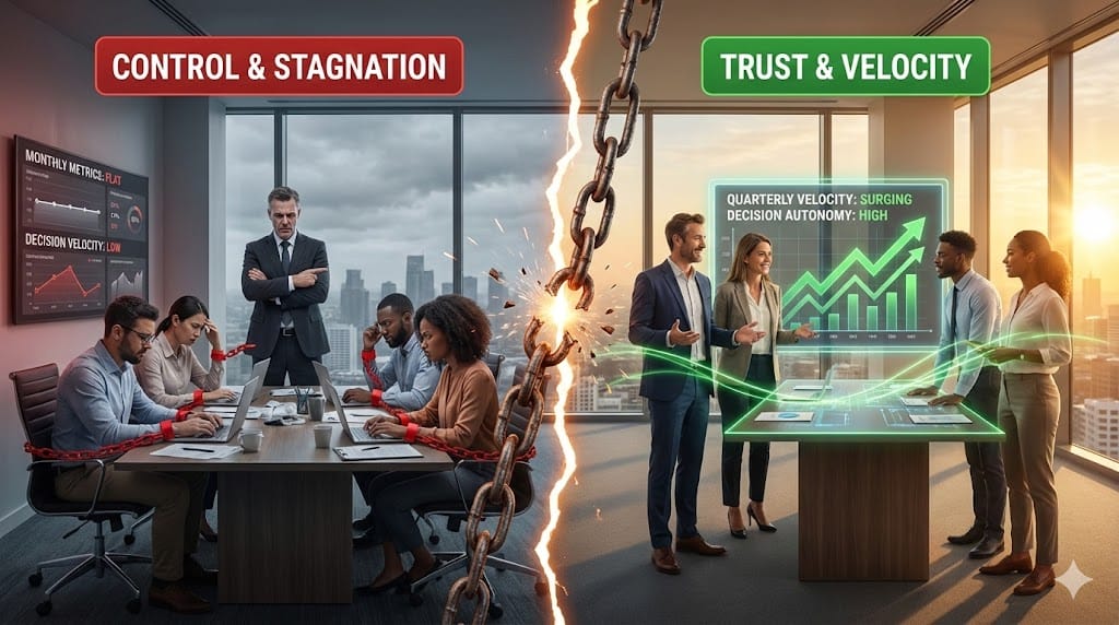 Split-scene visualization contrasting empowered autonomous teams accelerating innovation against micromanaged groups trapped in control bottlenecks, highlighting C-level leadership style impact
