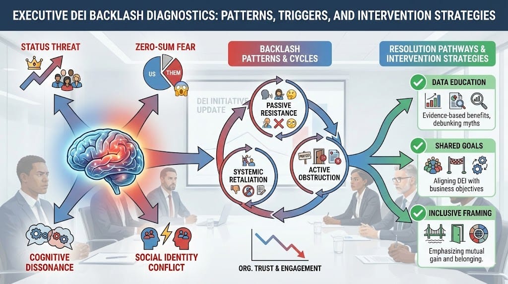 Infographic mapping common DEI backlash patterns and psychological triggers in corporate settings, showing resistance cycles, fear responses, and resolution pathways