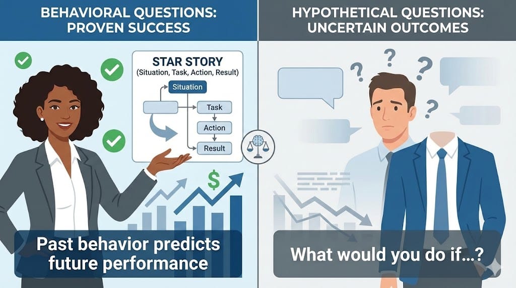 Split-scene illustration contrasting behavioral interview evidence (checkmarks, proven results) versus hypothetical talk (question marks, empty words) for executive hiring