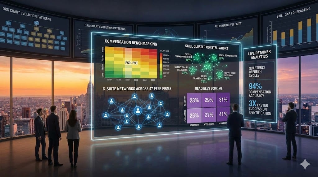 Dynamic talent mapping and benchmarking dashboard—competitive compensation heatmaps (75th percentile positioning), C-suite org chart overlays, skill cluster visualizations, readiness scoring across peer companies enabling proactive retainer value