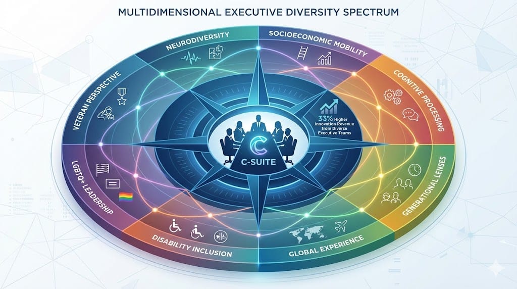 Expansive diversity wheel illustrating executive dimensions beyond gender/race including neurodiversity, socioeconomic background, cognitive styles, generational perspectives, and global experiences