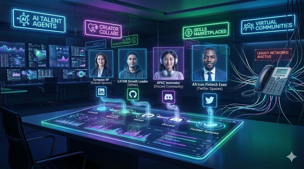 Dynamic digital sourcing ecosystem showing AI platforms, creator networks, and global talent marketplaces connecting CHROs to diverse executive candidates beyond alumni networks and headhunters. 