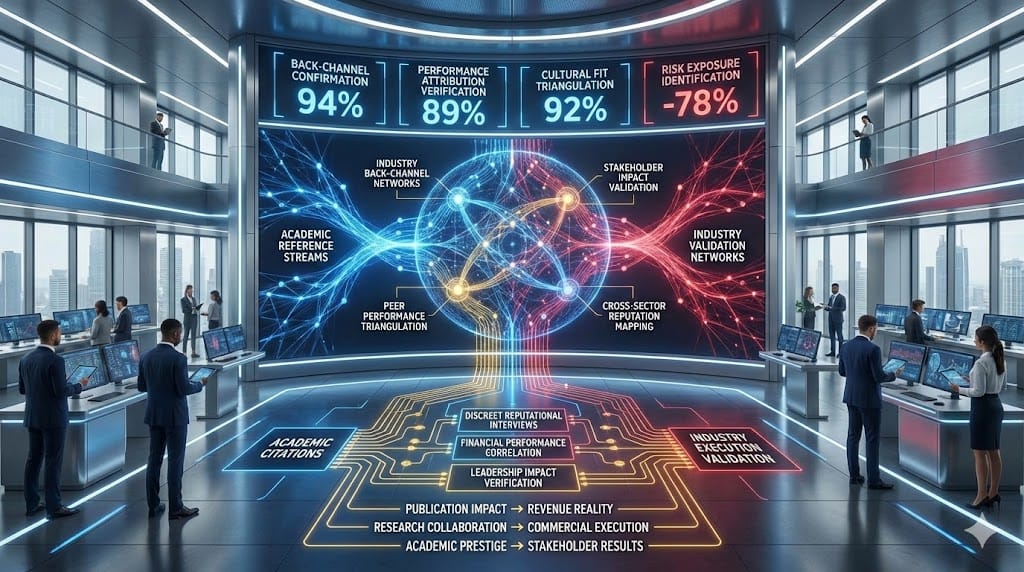 Multi-network executive vetting command center expanding reference protocols beyond academic networks through industry back-channels, peer network triangulation, and stakeholder performance validation.