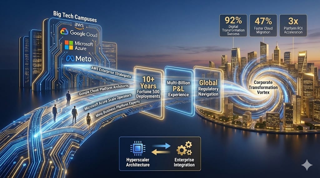Strategic talent pipeline channeling proven enterprise tech leaders from Big Tech divisions—AWS Enterprise Strategy, Google Cloud Platform leads, Microsoft Azure architecture teams—to corporate transformation roles.