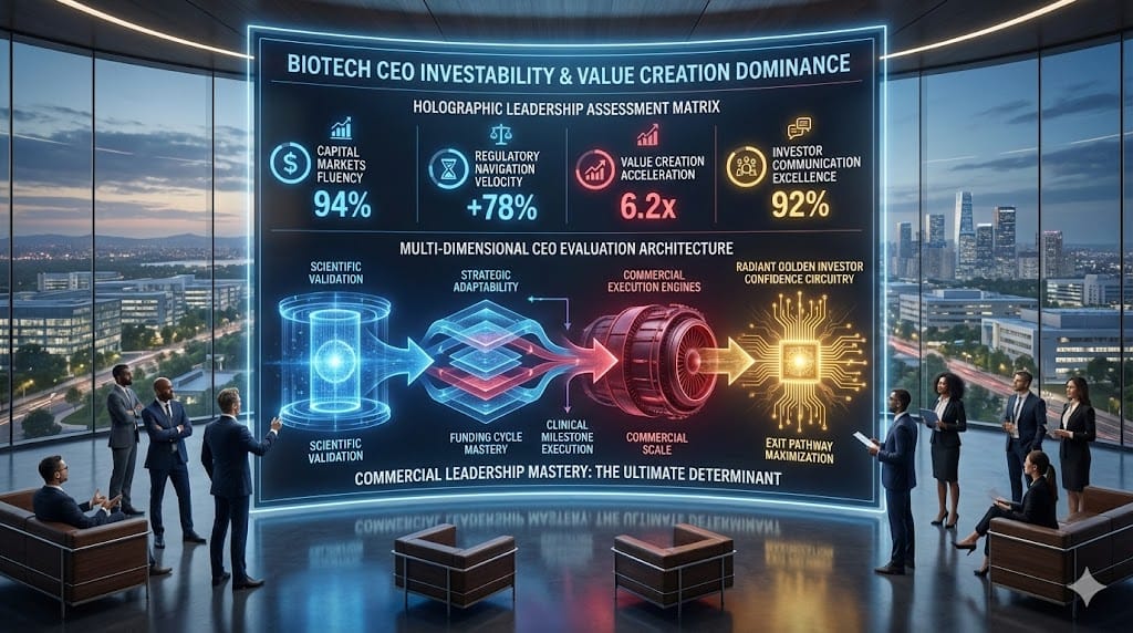 Investor command center evaluating biotech CEO candidates beyond scientific credentials, prioritizing capital markets mastery, strategic adaptability, regulatory navigation, and value creation acceleration.