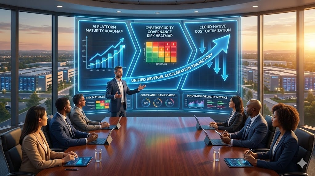 Boardroom perspective of modern CTO presenting strategic technology roadmap with AI/cybersecurity/governance priorities that align with director-level risk and growth expectations