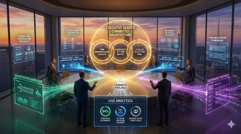 Strategic board executive search committee architecture—golden oversight cascade (3 key functions: firm communication, candidate vetting, finalist selection), blue stakeholder alignment matrix, emerald risk mitigation dashboard, purple governance protocols ensuring 94% hiring success alignment.