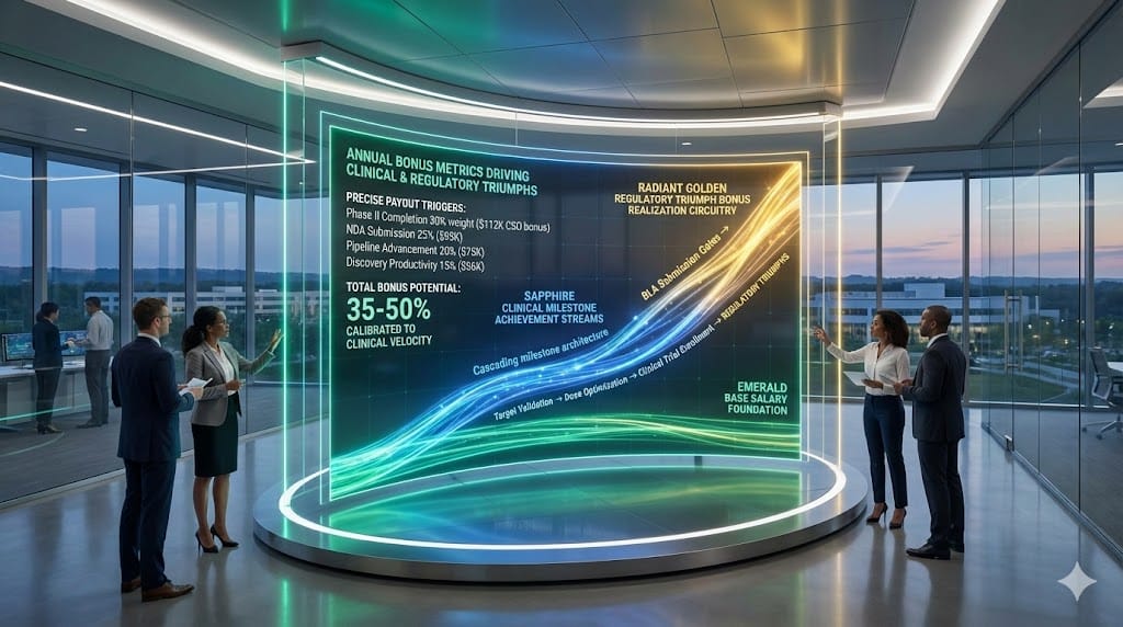 Strategic bonus architecture linking pharmaceutical/biotech R&D leadership incentives to clinical-regulatory triumphs—CSO 35-50% bonus potential with 40% Phase II/III milestones, 25% regulatory filings, 20% discovery productivity.