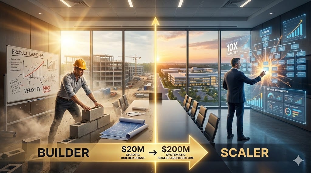 Split executive profile contrasting Builder mindset (hands-on innovation, rapid prototyping) against Scaler mindset (systems leverage, team multiplication), guiding C-suite hiring decisions