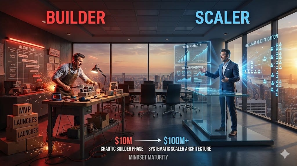 Dual executive leadership archetypes contrasting hands-on Builder creating from chaos against strategic Scaler orchestrating systems at enterprise scale