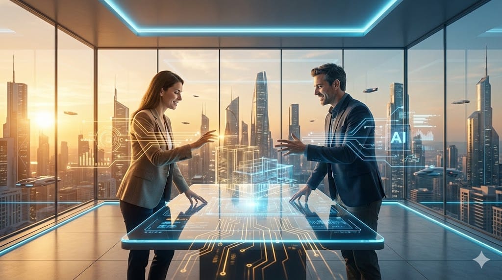 Futuristic C-level executives from product and engineering collaborating seamlessly across digital interfaces, symbolizing integrated leadership for innovation-driven organizations