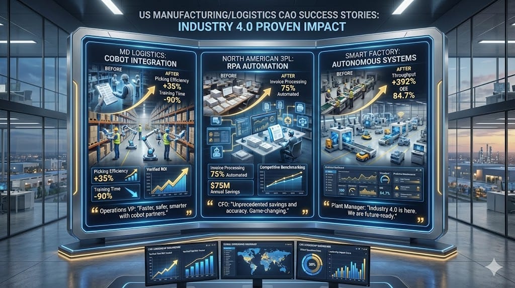 Composite success showcase of US manufacturing and logistics CAO transformations featuring MD Logistics cobot deployment, RPA invoice automation, and smart factory throughput acceleration metrics