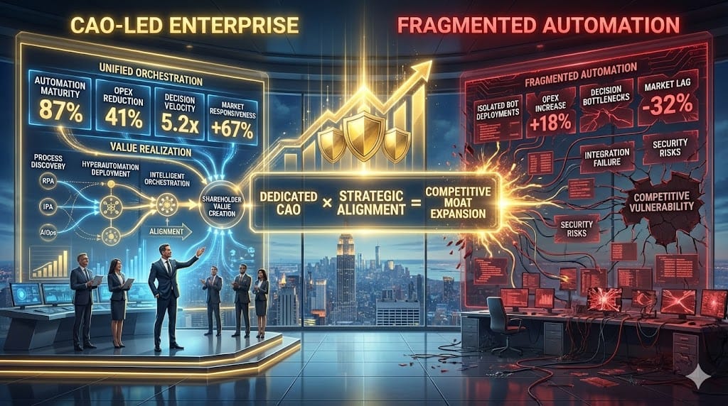 Strategic Chief Automation Officer dashboard proving competitive advantage through enterprise-wide automation ROI, operational velocity gains, and market positioning acceleration versus fragmented approaches.