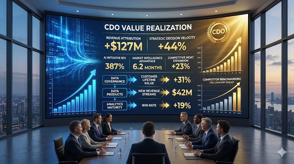 Executive dashboard showcasing Chief Data Officer metrics proving competitive advantage through revenue attribution, strategic decision velocity, AI ROI, and market positioning gains.