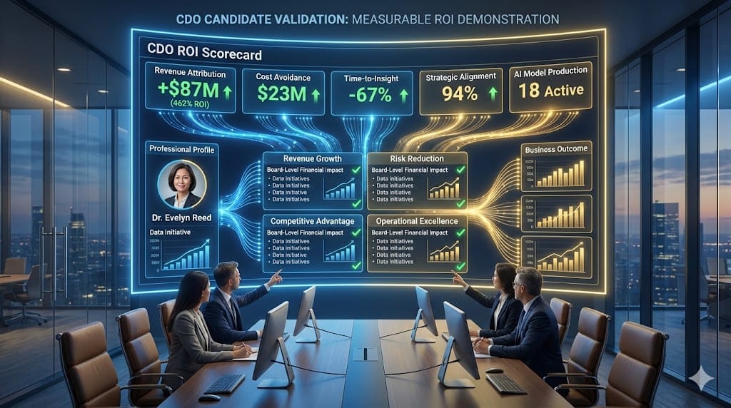 Executive assessment dashboard validating Chief Data Officer candidates through proven ROI metrics including revenue attribution, cost avoidance, strategic alignment scores, and business outcome delivery.