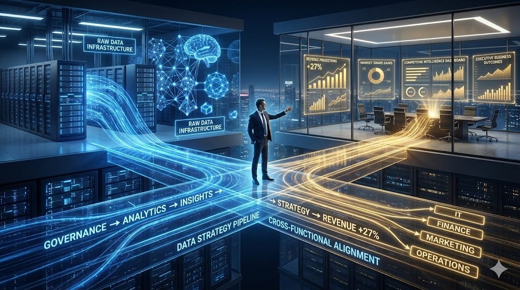 Chief Data Officer bridging technical data infrastructure with C-suite business strategy through integrated analytics platform connecting raw data streams to revenue growth and strategic decision-making.