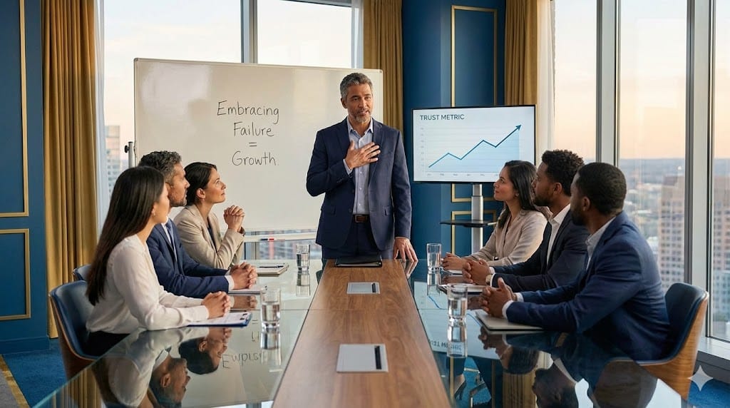 Confident CEO openly sharing vulnerability with diverse executive team during leadership meeting, demonstrating authentic connection and trust-building 