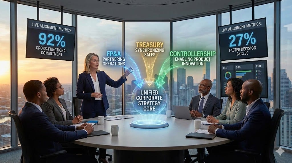 Strategic CFO breaking finance silos through embedded cross-functional teams partnering with operations, product, sales driving unified enterprise strategy beyond traditional financial reporting