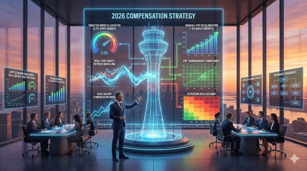 Strategic CFO orchestrating proactive 2026 compensation management—targeted merit allocation, real-time equity analysis, variable pay recalibration—navigating base compression, pay transparency laws, and talent retention imperatives