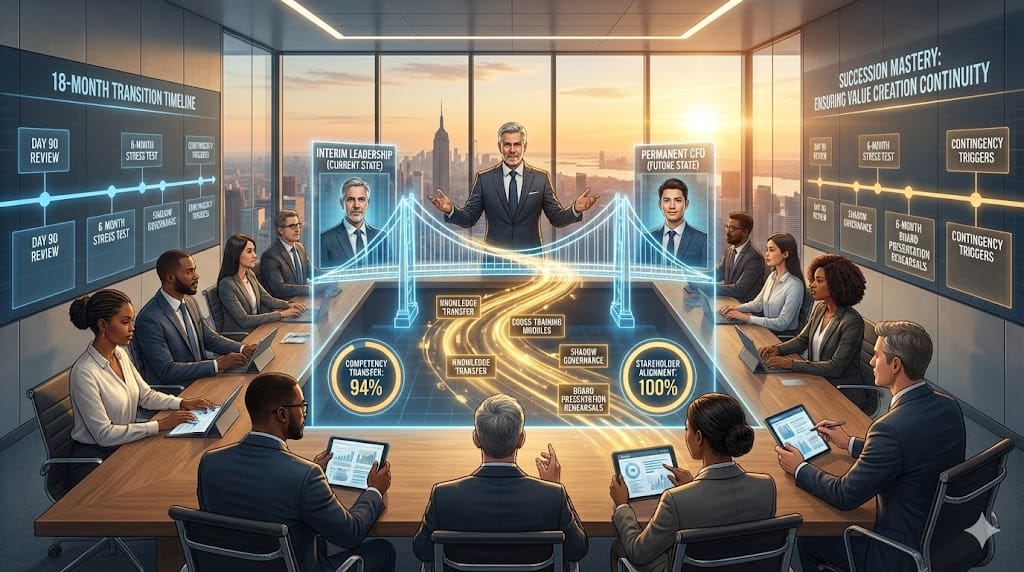 Interim PE CFO orchestrating permanent succession through 18-month knowledge transfer, cross-training finance lieutenants, and board-approved transition roadmap ensuring zero disruption to value creation plan