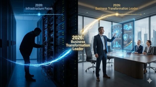 Dynamic transformation graphic showing CIO/CTO evolving from server infrastructure management to strategic innovation leadership, driving AI-powered business transformation and digital strategy.