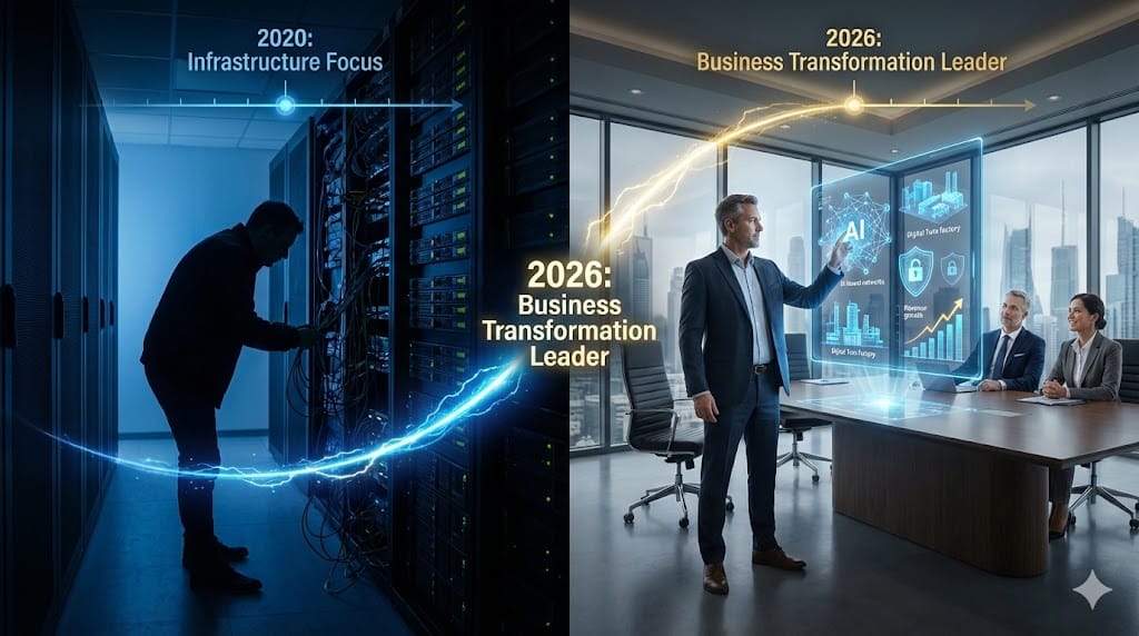Dynamic transformation graphic showing CIO/CTO evolving from server infrastructure management to strategic innovation leadership, driving AI-powered business transformation and digital strategy.