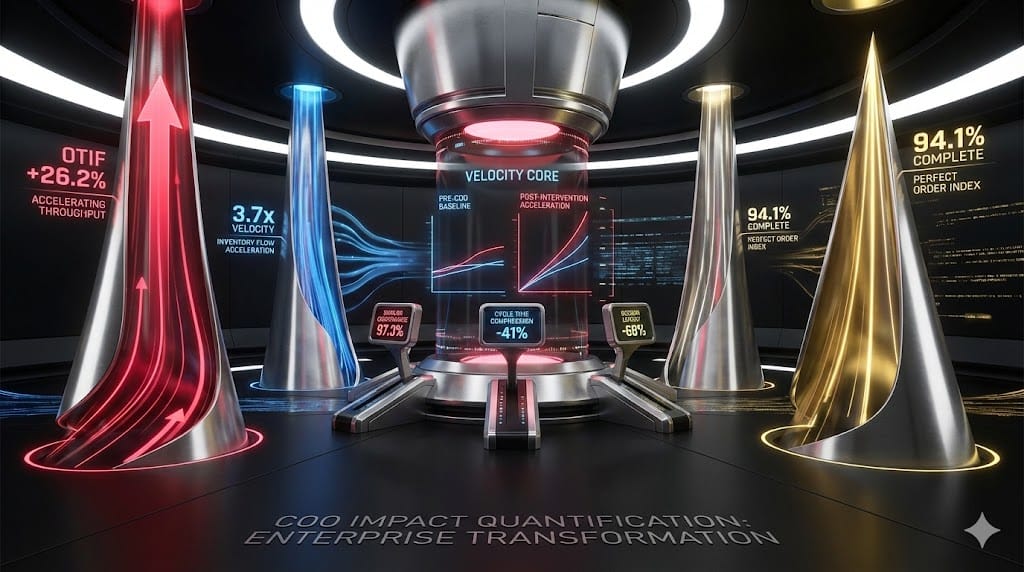 Executive analytics dashboard quantifying COO-driven supply chain acceleration—OTIF surging to 98.2%, inventory velocity climbing 3.7x, perfect order fulfillment scaling from 72% to 94% under operational leadership.