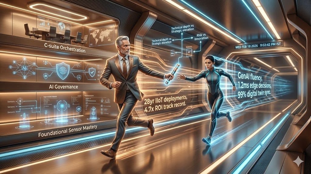  Generational leadership handoff in smart factory evolution—current CSFO passing neural torch to emerging digital native talent mastering AI orchestration, digital twin fluency, and Industry 4.0 execution architectures.