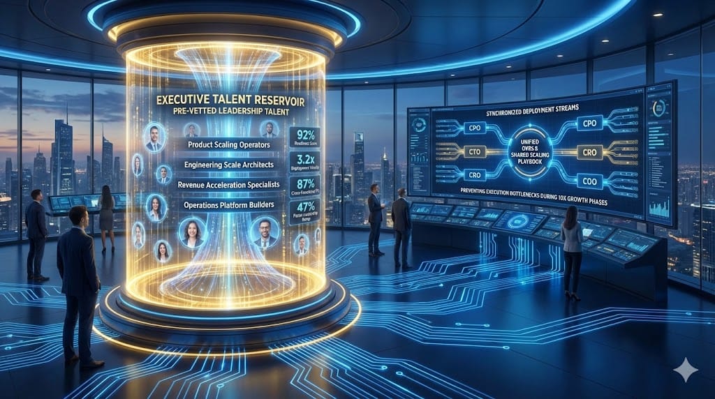 Strategic C-suite talent bench enabling parallel scaling across product, engineering, sales, and operations functions simultaneously for hypergrowth trajectory execution.