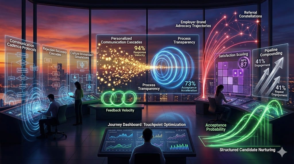 Animated executive candidate journey optimization—golden personalized communication cascades (94% response rates), blue process transparency rings expanding, emerald feedback velocity loops, crimson brand advocacy trajectories revealing 73% referral generation.