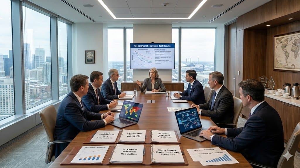 Corporate C-suite executive reviewing geopolitical risk assessment reports in professional boardroom setting—printed briefings on trade tariffs, supply chain de-risking strategies, and global operations scenario planning binders open on conference table.