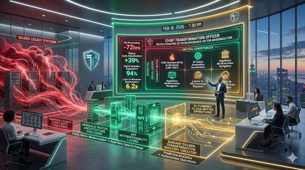 Strategic command nexus defining CTO profile for payer/insurance sector featuring FHIR interoperability mastery, AI claims automation leadership, regulatory modernization navigation, and legacy-to-cloud migration expertise.