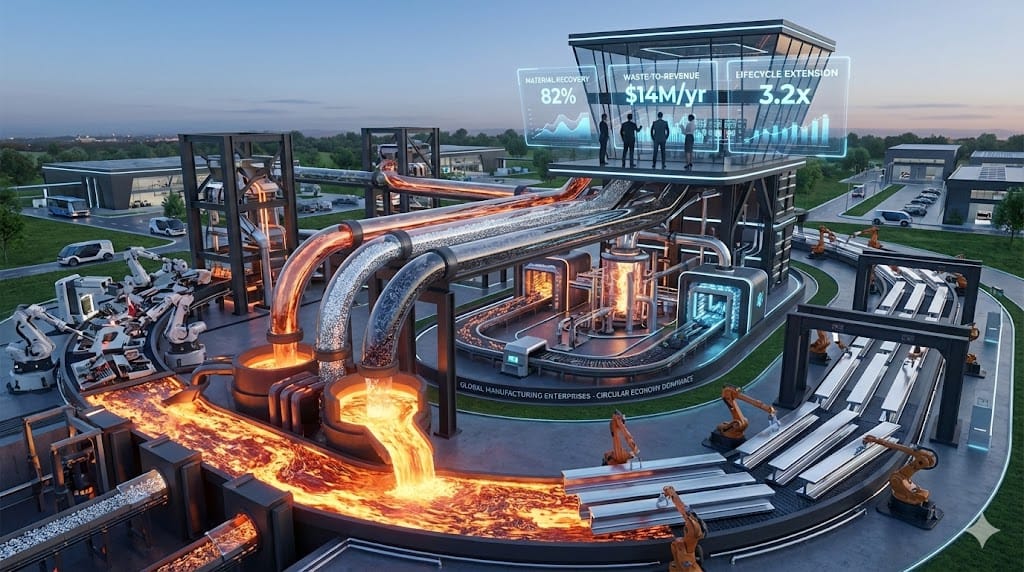 Executive leaders architecting circular manufacturing ecosystems—converting linear waste streams into closed-loop resource cascades achieving 82% material recovery through strategic recruitment vision.