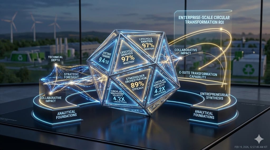 Precision-engineered executive profile matrix defining ideal circular economy leader—systems thinking fused with lifecycle mastery, stakeholder orchestration, and closed-loop innovation driving 82% waste reduction.