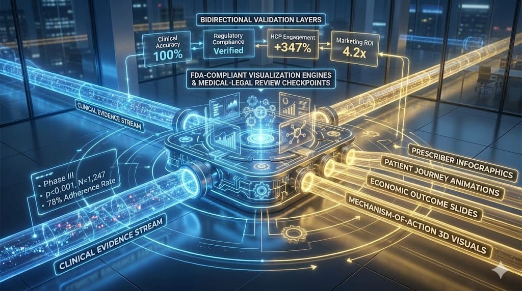 Strategic pipeline transforming clinical trial data into compelling marketing assets through FDA-compliant visualization, HCP engagement infographics, and patient outcome narratives.