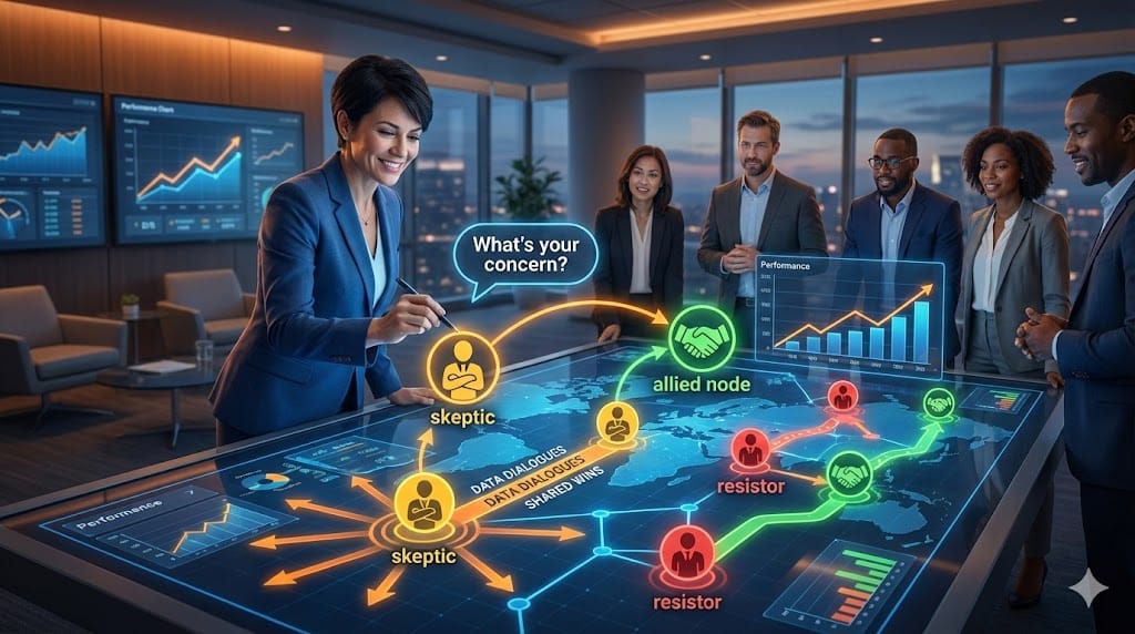 Executive strategically building DEI coalition by influencing skeptical stakeholders through data-driven dialogue and relationship mapping in corporate strategy session