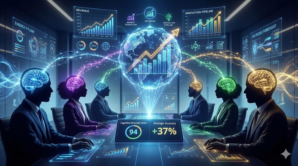 Diverse executive brains interconnected in neural network generating strategic foresight, symbolizing how cognitive diversity unlocks superior business prediction and innovation