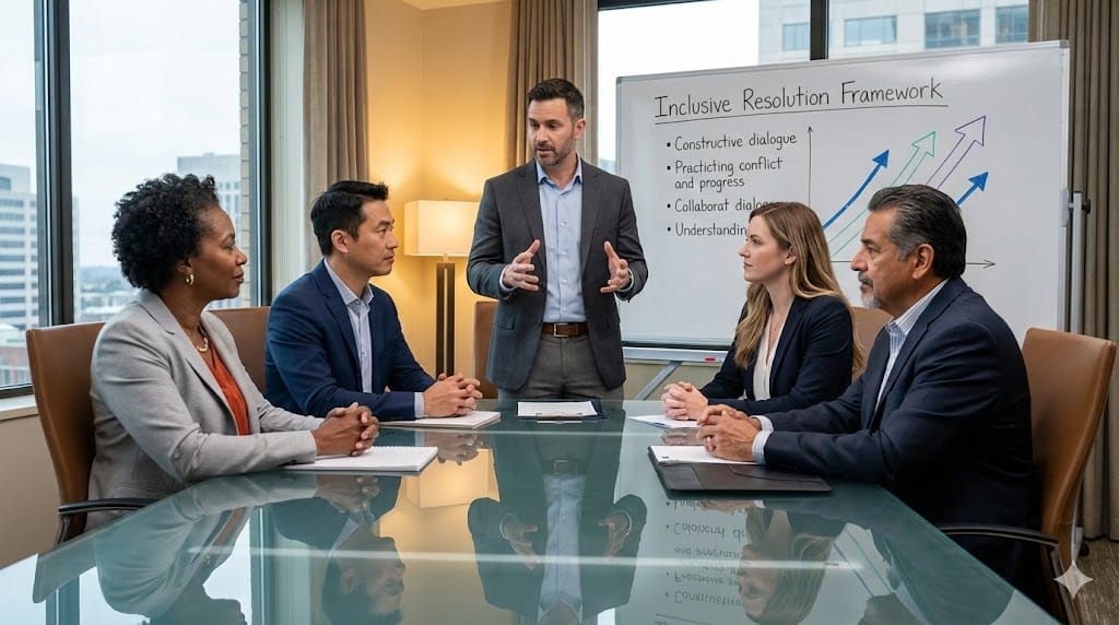 Diverse executive team resolving workplace conflict through inclusive dialogue, showing mediator facilitating discussion among varied professionals around conference table