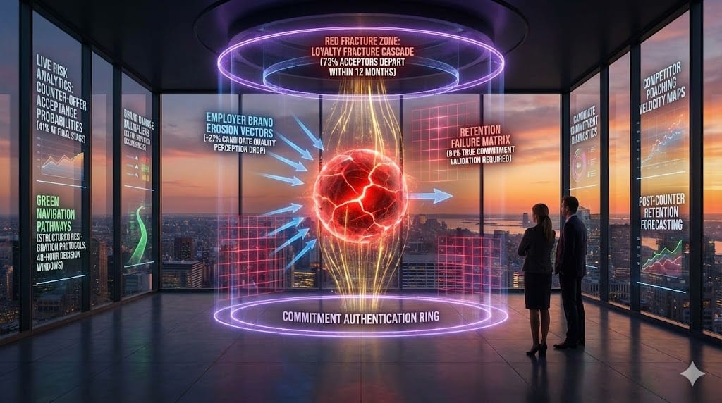Executive counter-offer risk architecture—golden loyalty fracture cascade (73% depart within 12 months), blue employer brand erosion vectors (-27% candidate quality perception), crimson retention failure matrix, purple commitment validation ring protecting hiring pipeline integrity.