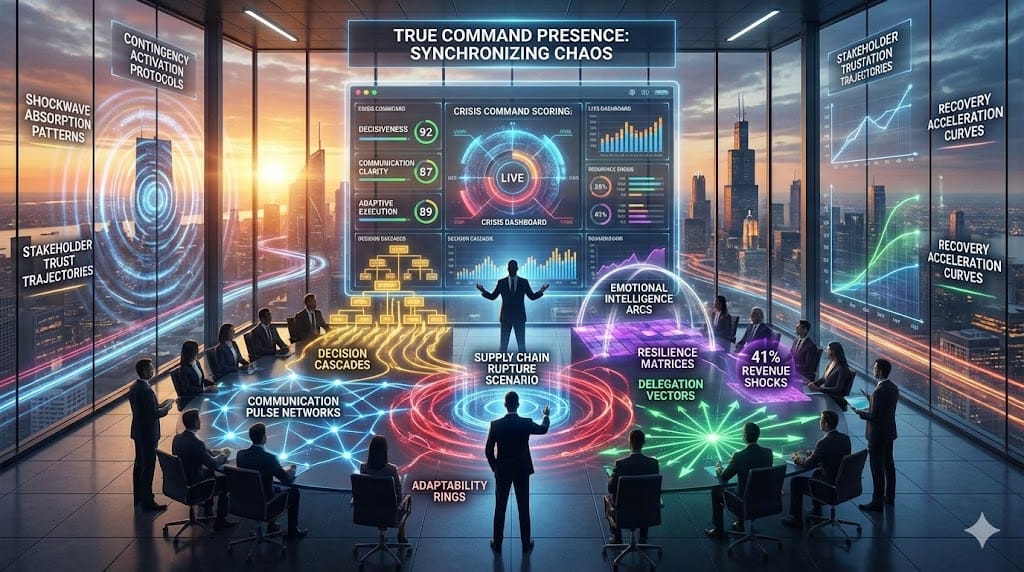 Animated crisis command center—golden decision cascades activating (73% faster response velocity), blue communication pulse networks expanding, crimson adaptability rings morphing dynamically, emerald team delegation vectors revealing 94% execution fidelity under pressure.