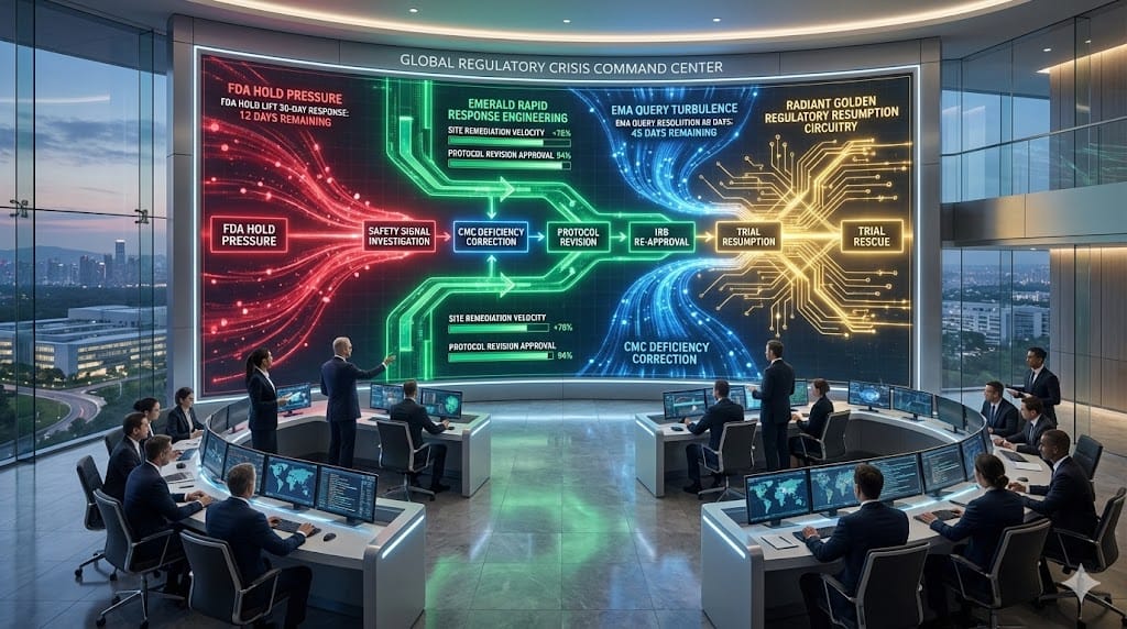 Executive crisis command center resolving FDA clinical holds and EMA queries through rapid response protocols, data remediation acceleration, and regulatory resumption strategies ensuring trial continuity.