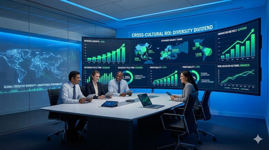 Sleek executive boardroom dashboard displaying rising revenue graphs, global market share gains, and KPI metrics where diverse C-suite leaders from multiple continents analyze cross-cultural performance data, illustrating measurable ROI from international executive composition. 